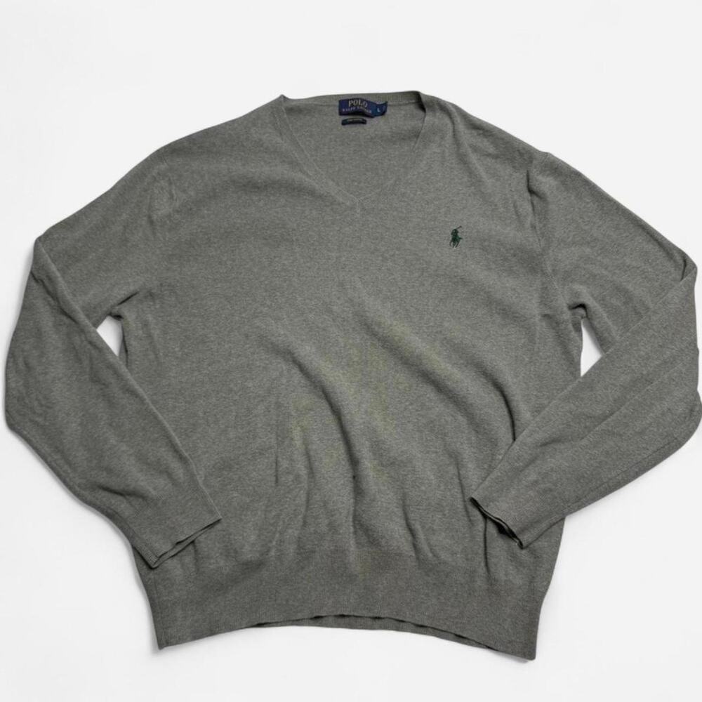Polo Ralph Lauren Pima Cotton V Neck Sweater Gray Green Pony Men’s Large